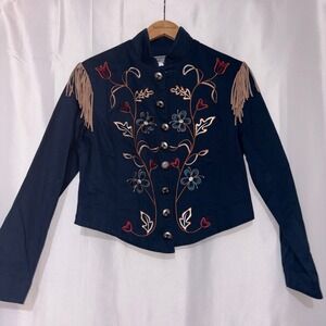 Vintage Red Lodge Trading Co Navy Blue Embroidered Fringe Western Jacket Small